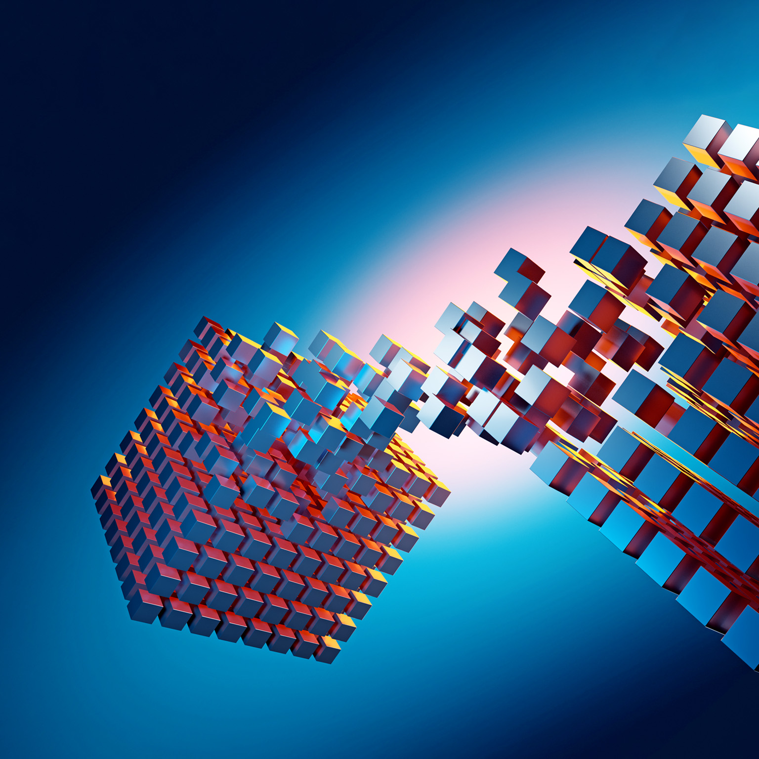 Two three-dimensional cubes made up of smaller cubes are swapping pieces, resulting in an arch connecting the two larger structures.