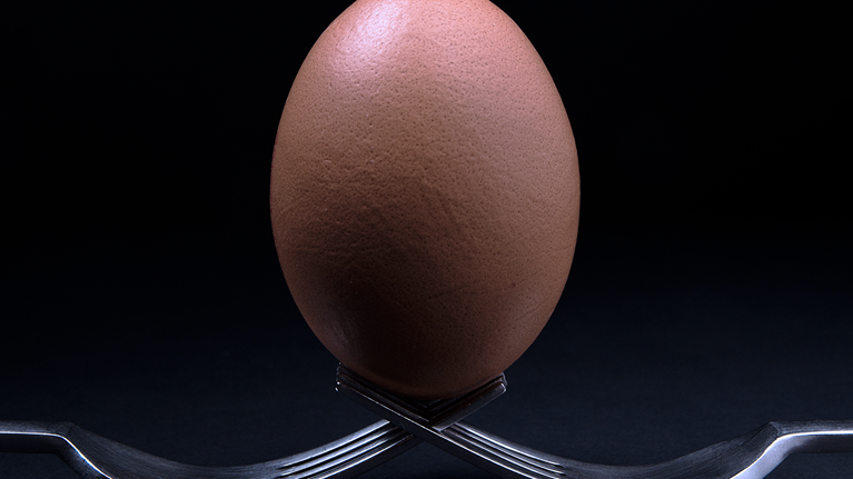 A brown egg balanced on two forks