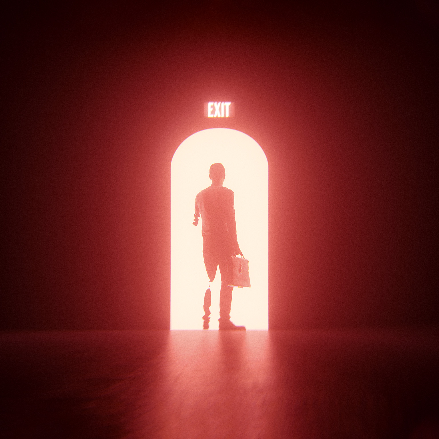 Image of a silhouetted businessman leaving through a brightly lit doorframe.