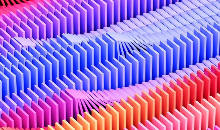 Digital generated image of multicolored dominoes falling over