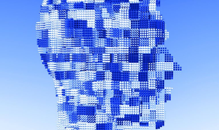 A futuristic digital representation of interconnected data cubes forming a human-like shape