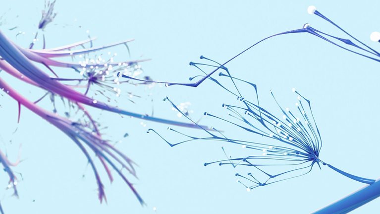 Delicate blue and purple tendrils constantly expanding. These tendrils bear a resemblance to neurons, with luminous buds at their tips.