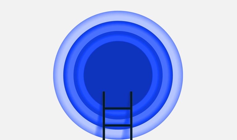A portal constructed from stacked circles is visible against a light gray background. A ladder is propped against the central circle.