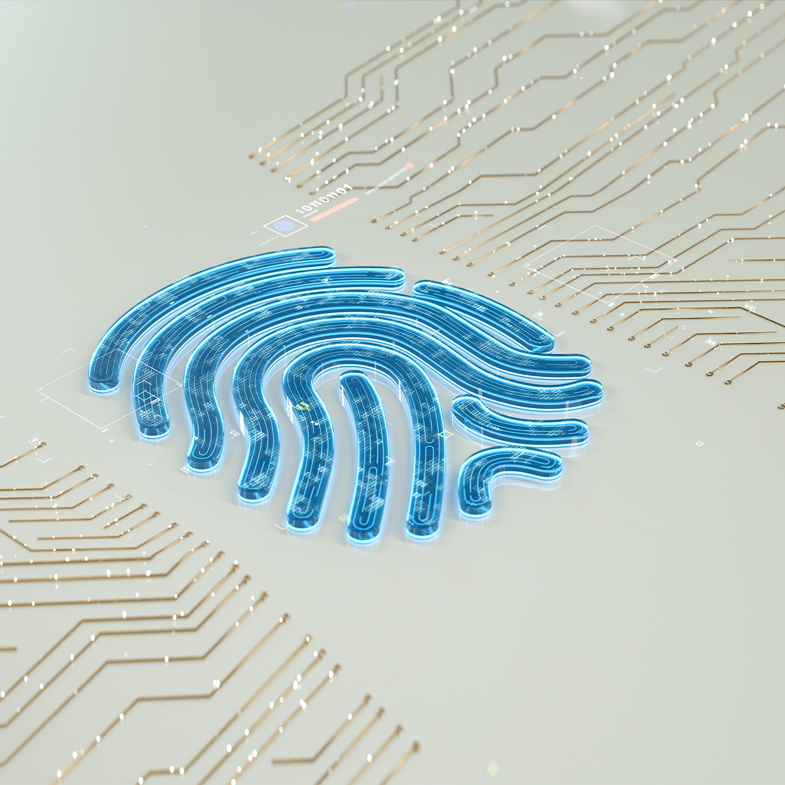 Digital generated image of glowing glass fingerprint icon on black surface. - stock photo