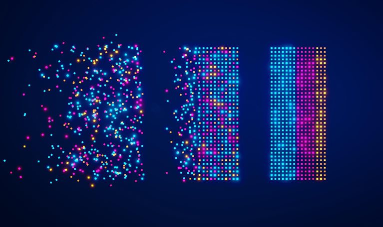 Three columns made up of colorful squares. The left column is chaotic, the middle has modest order, and the right is fully organized by the color of the square.