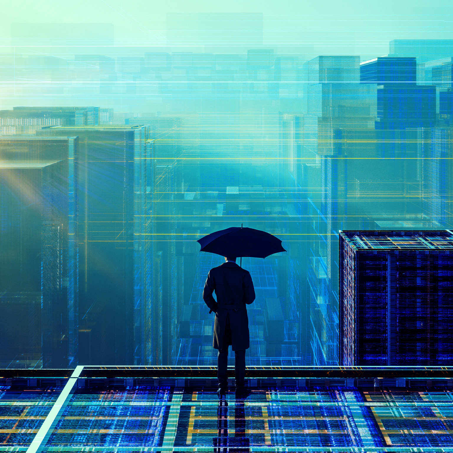 A lone figure in an overcoat and holding an umbrella stands on a rooftop gazing out at a futuristic cityscape with glowing lines and abstract buildings. The color palette is dominated by shades of blue, with the sun's rays piercing through the misty atmosphere.