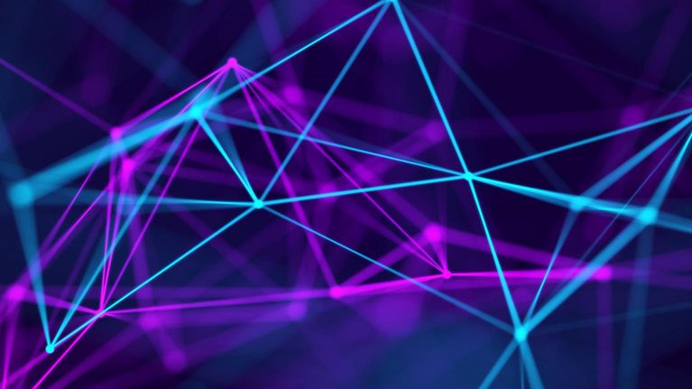 Abstract background with moving dots and lines. Network connection structure. Futuristic illustration. Digital technology design.