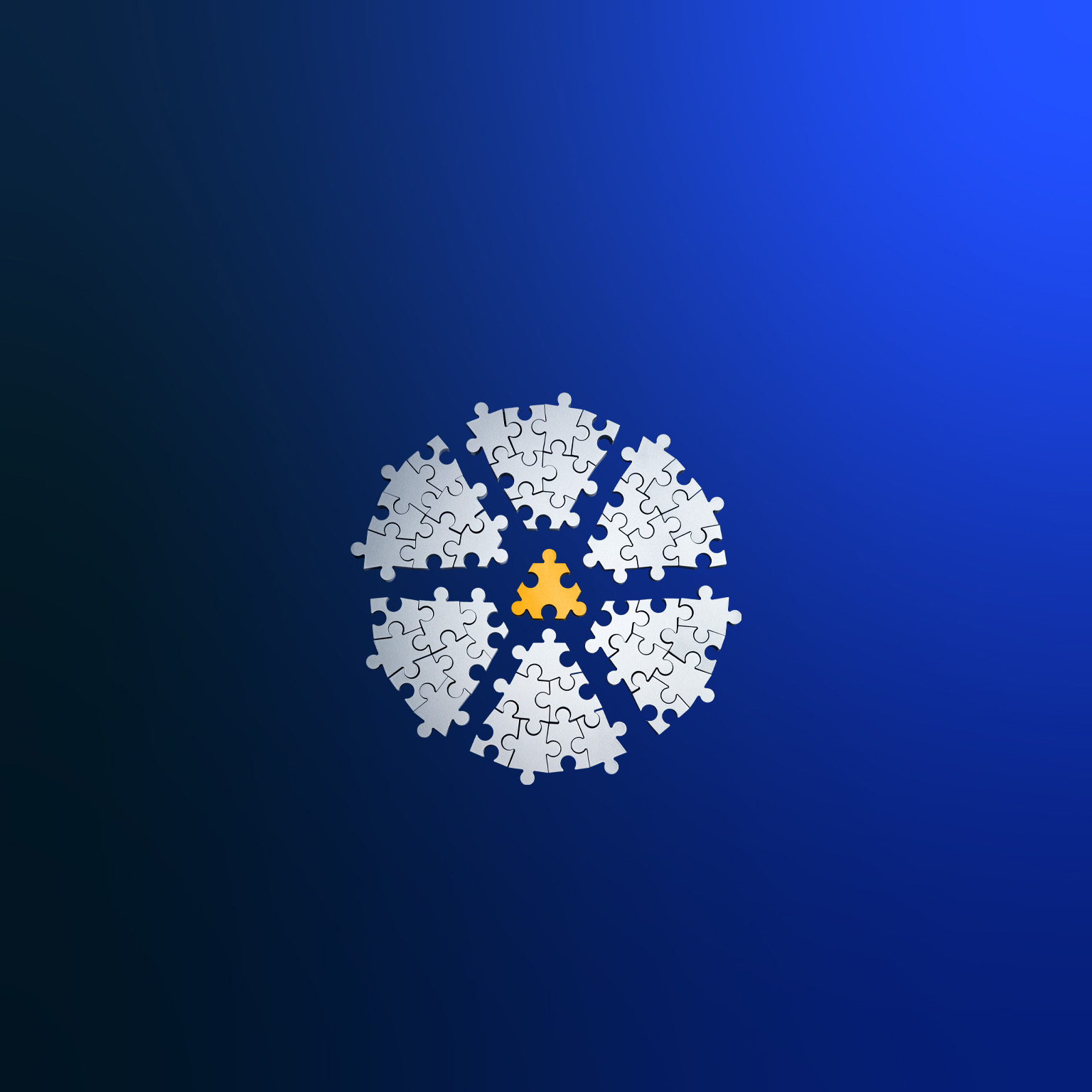 The blue background highlights a circular jigsaw puzzle that has been divided into six evenly sized wedges. In the center, a bright amber-yellow piece is surrounded by the white wedges.