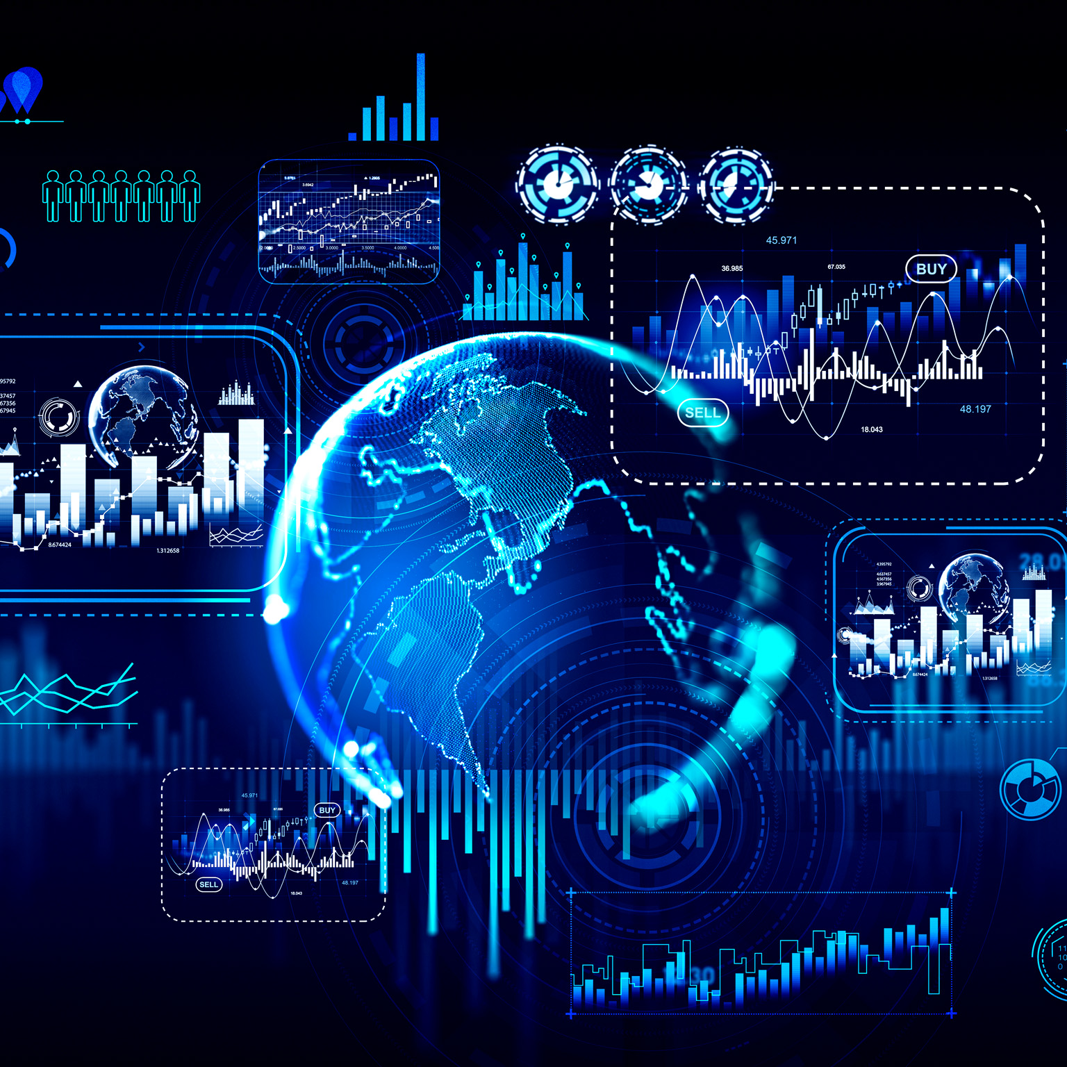 Graphic chart with data, lines and numbers, and globe