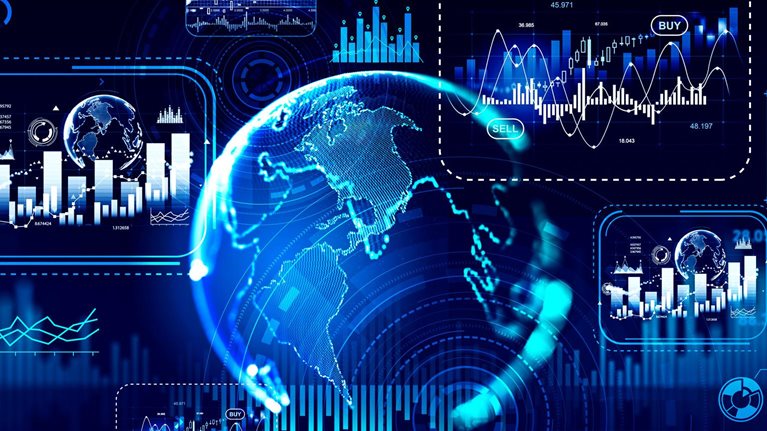 Graphic chart with data, lines and numbers, and globe