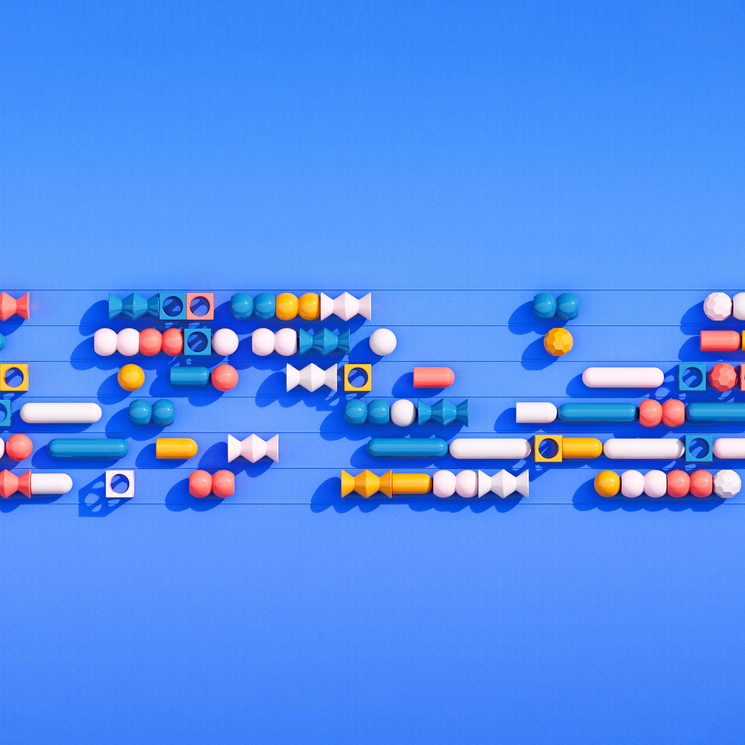 A conceptual representation of an abacus constructed using 3D objects such as spheres, cylinders, and geometric figures, organized in six rows.