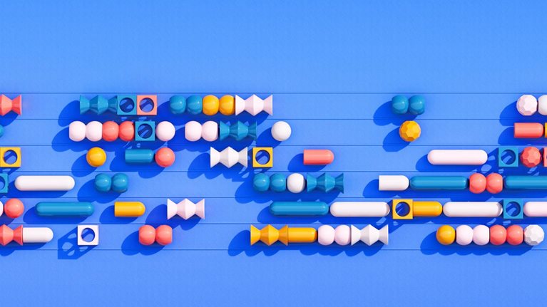 A conceptual representation of an abacus constructed using 3D objects such as spheres, cylinders, and geometric figures, organized in six rows.