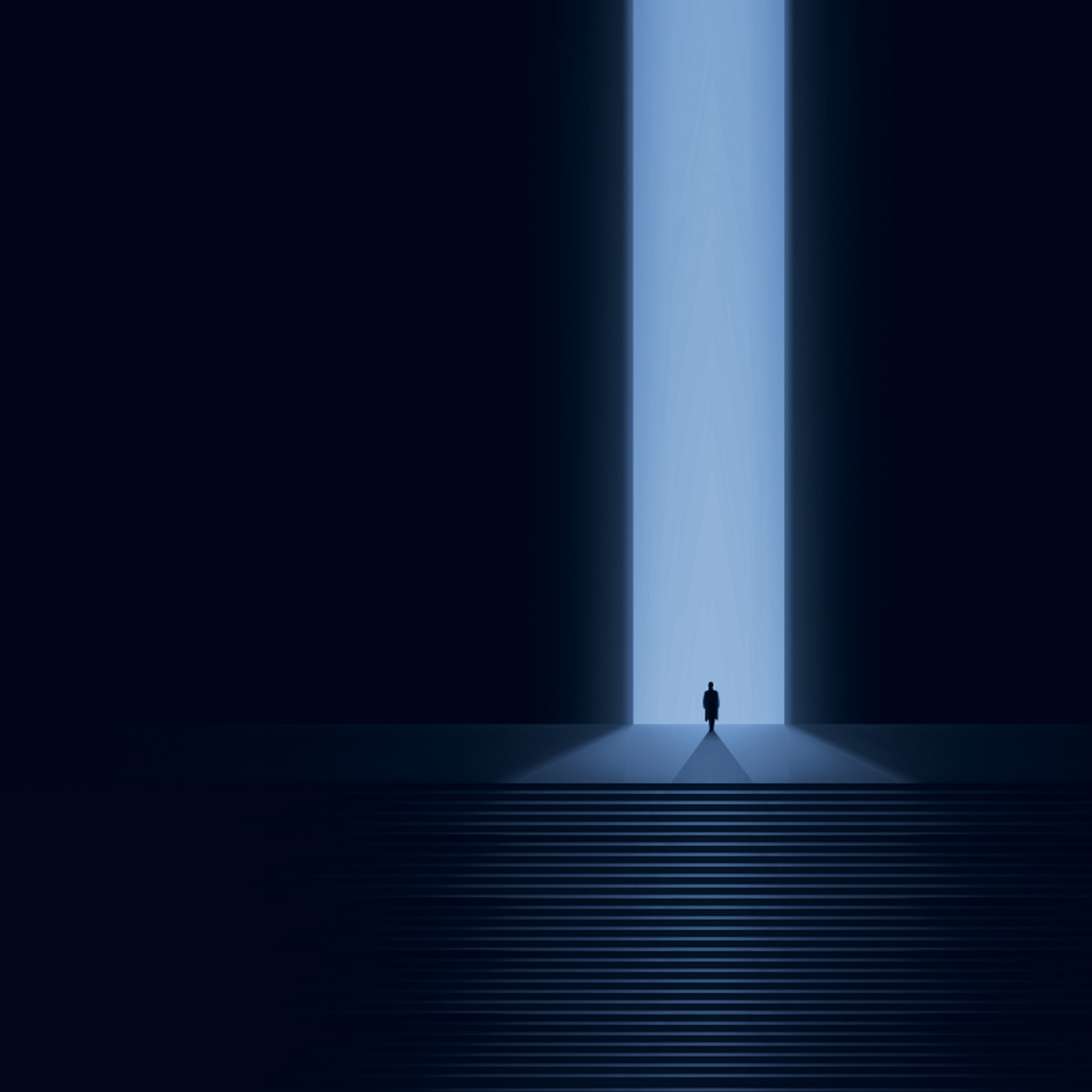 Tonal blue illustration with small silhouetted man in standing in front of extra large glowing portal with gradient lighting