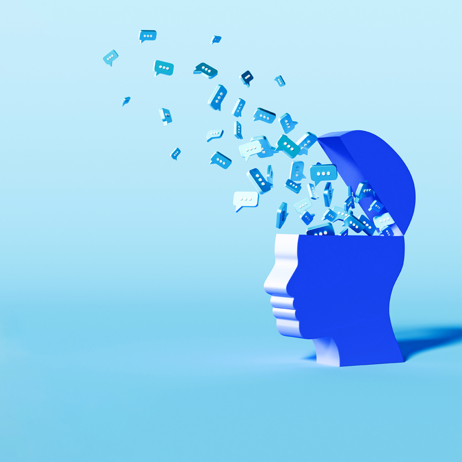 Stylized blue human head with open top, speech bubbles floating out against a light background.
