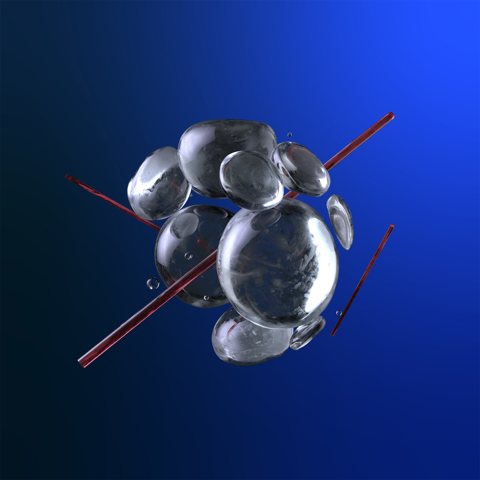 Abstract glass spheres suspended and forming around red glass rods.