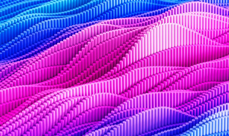 A vibrant field of small cylindrical pillars forms undulating, graph-like patterns across the surface. The colors transition smoothly from blue to pink, creating a dynamic and abstract visual effect.