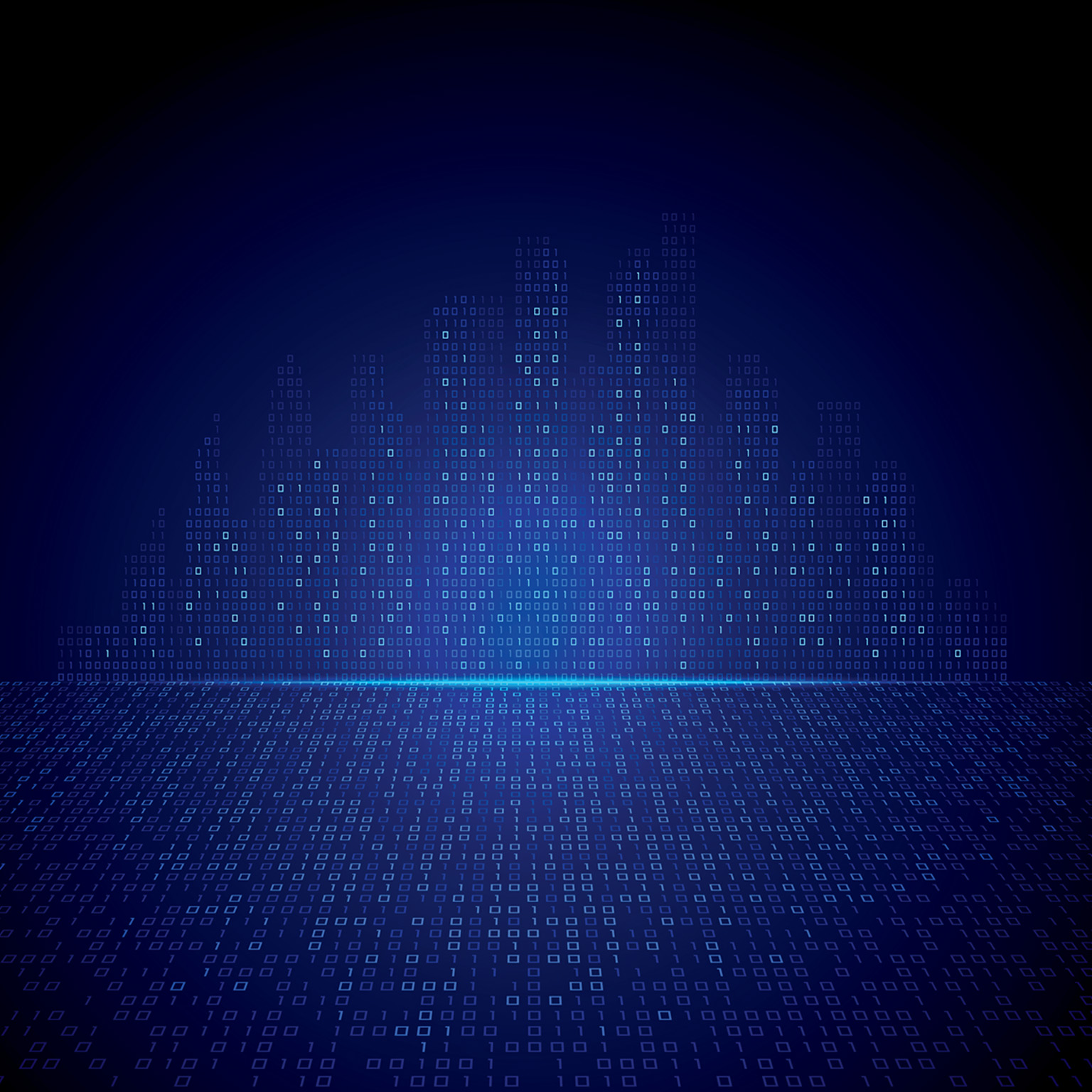 Abstract binary code pattern against a serene blue background, featuring a subtle horizon line.