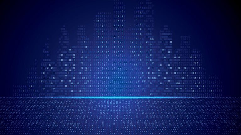 Abstract binary code pattern against a serene blue background, featuring a subtle horizon line.