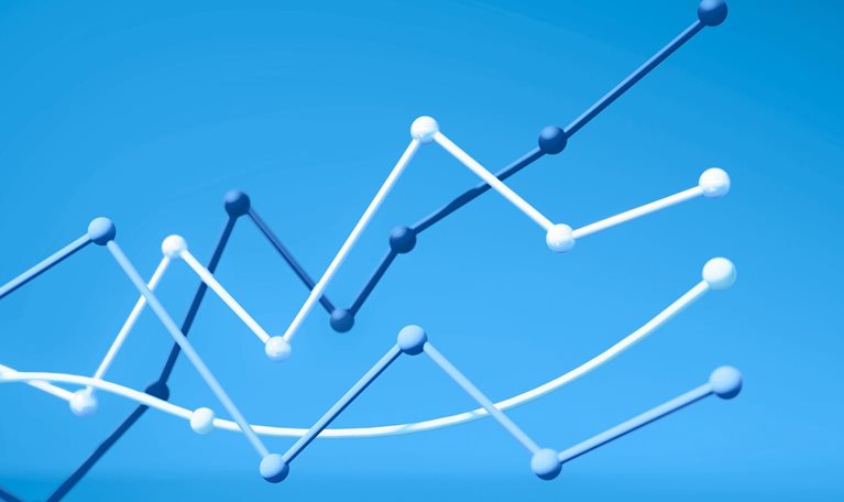 3D illustration of various line graphs moving up and down but ending on an upward trajectory