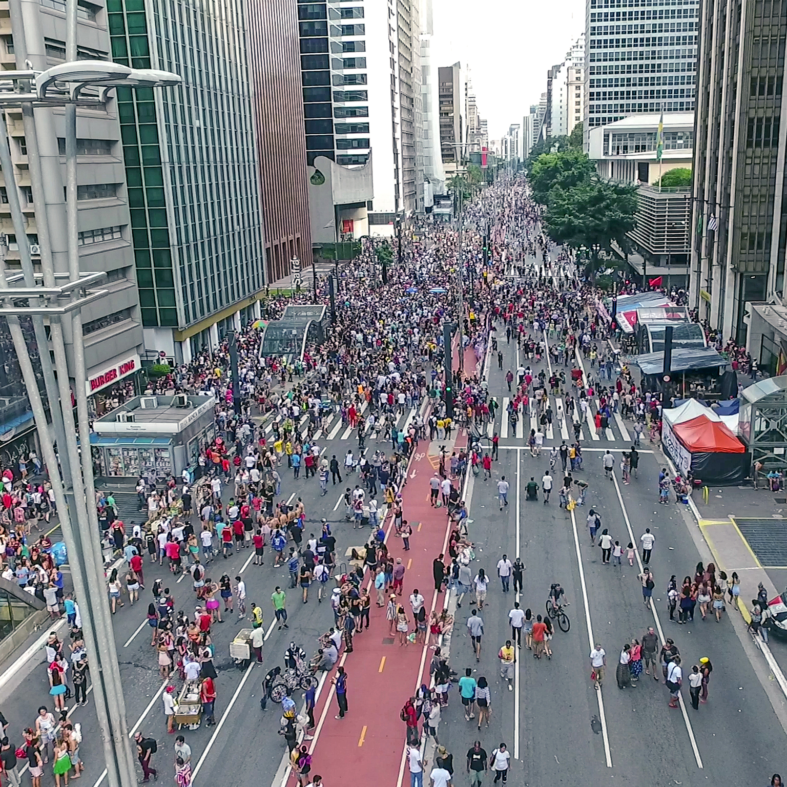Overhead shot of pedestrians on crowded street in Sao Paulo