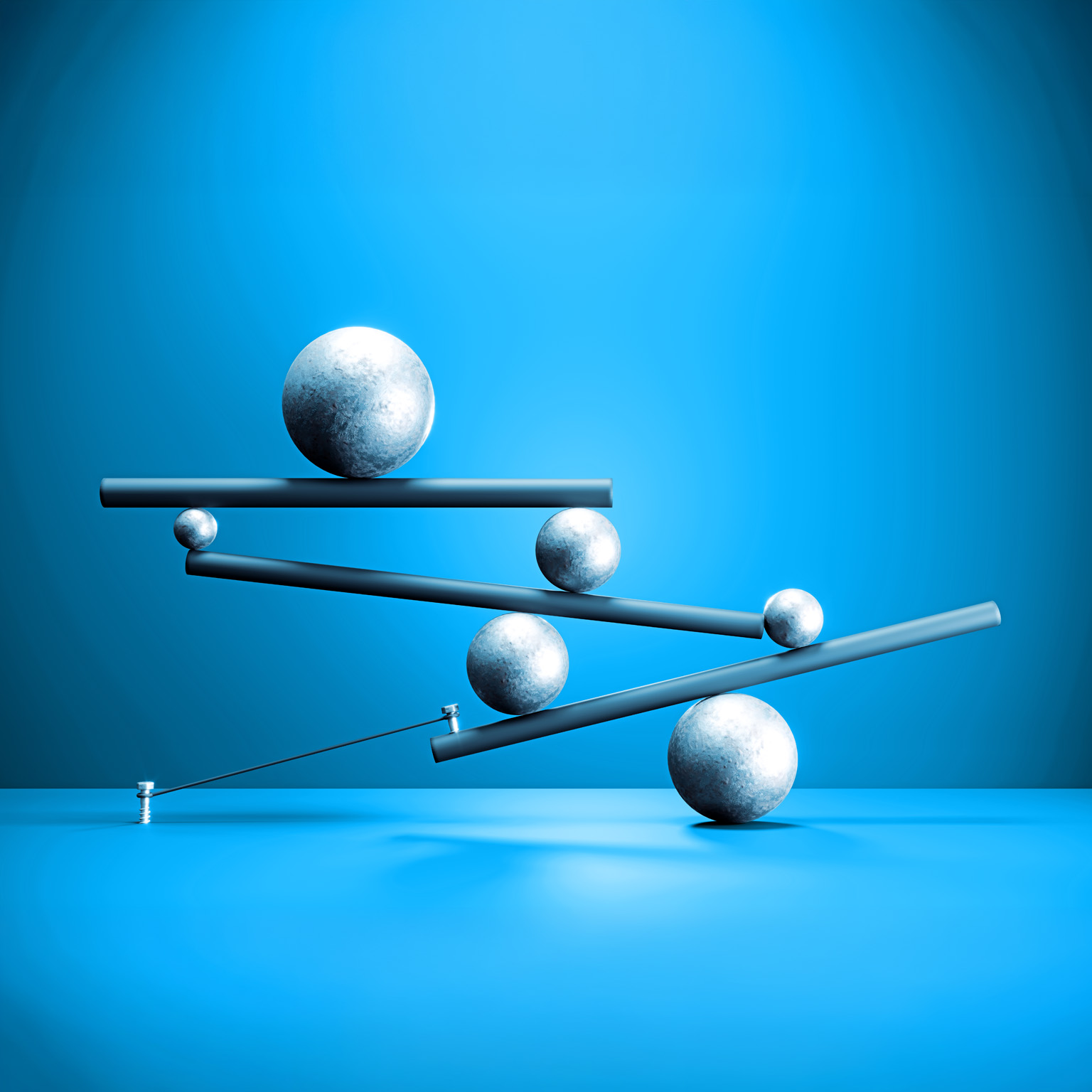 Several spheres of different sizes are balanced across tilted beams, forming a delicate, interconnected structure. The composition against a blue background suggests tension and the careful balancing of forces.