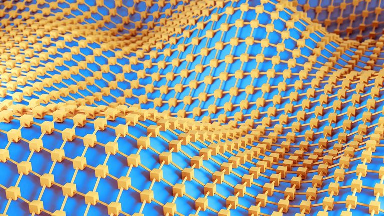 An abstract landscape of blue rolling waves is covered by a flexible orange grid of interconnected squares