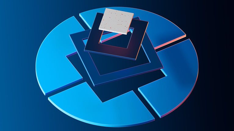 An abstract, digital art composition displaying a segmented blue circle topped with nested dark square frames and a light-colored square.