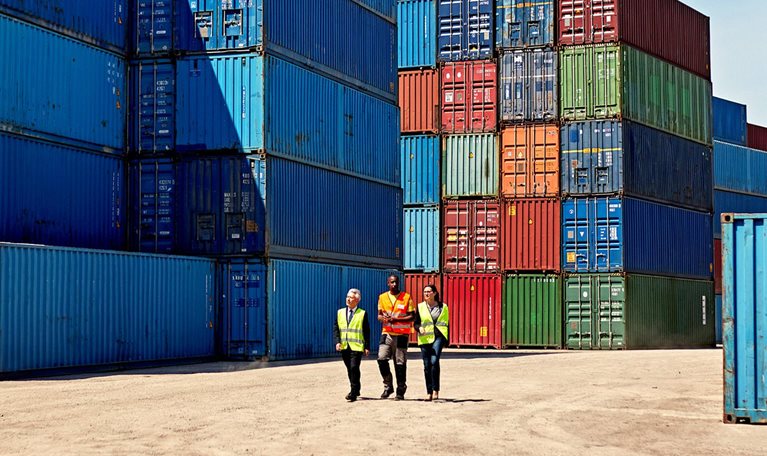 Three people in high-visibility vests walking in a shipping yard, amidst stacks of colorful shipping containers. The scene suggests a meeting in a bustling port or logistics area.