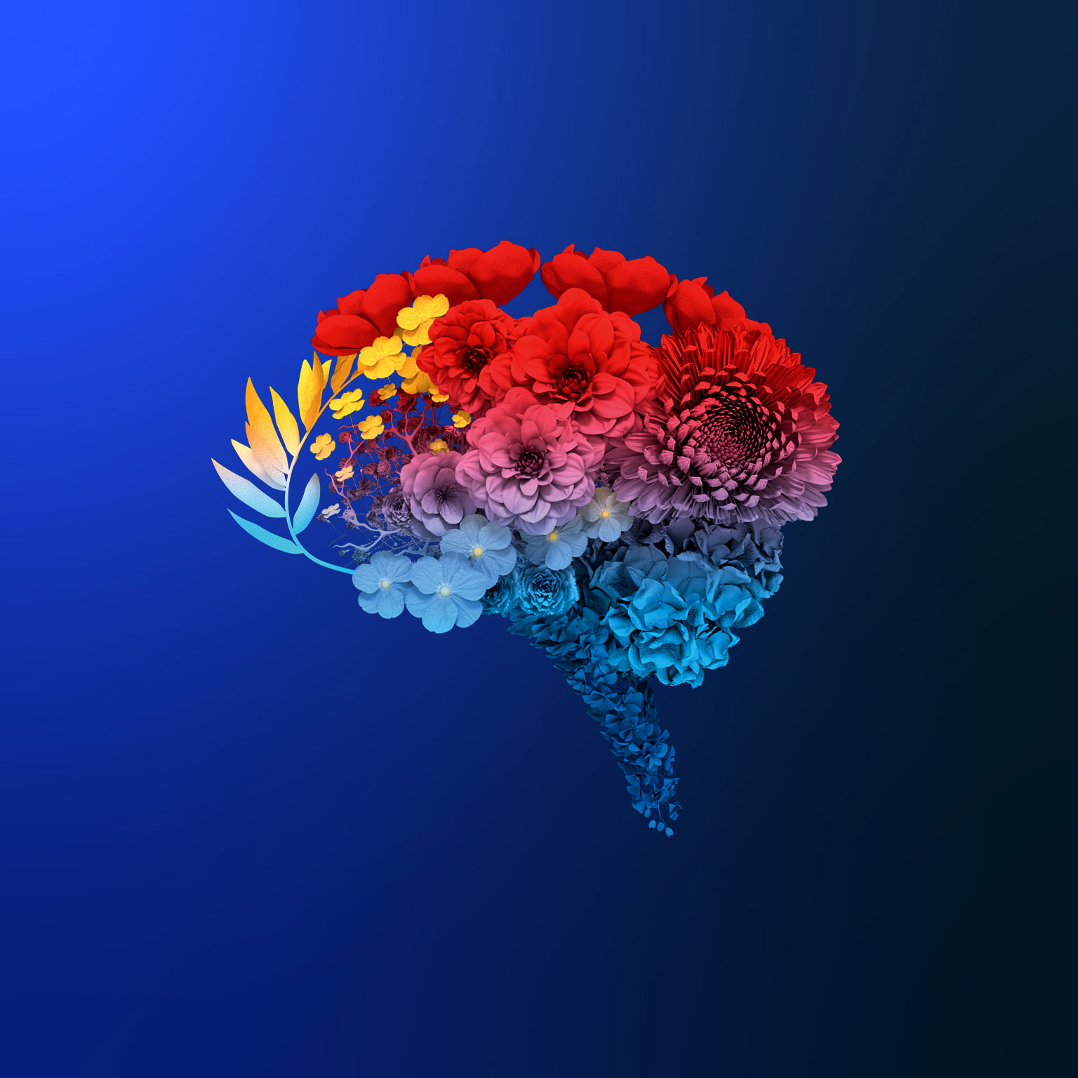 Various flowers, each distinct in kind and color, form the intricate silhouette of a human brain. Above it, a delicate butterfly prepares to land upon this blossoming formation.