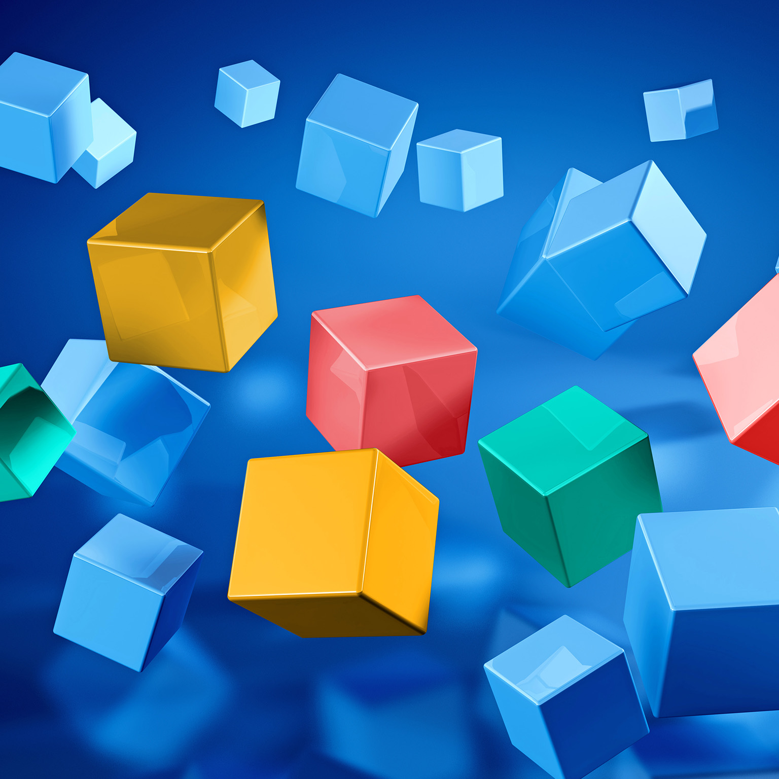  3D rendering of mostly blue colored cubes flying through the air. Six of the cubes are different colors.
