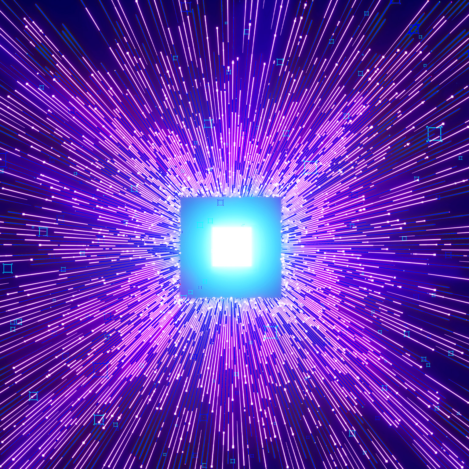 The image shows a glowing square in the center, surrounded by a burst of purple and blue lines radiating outward like an explosion. Small blue squares are scattered throughout the image.