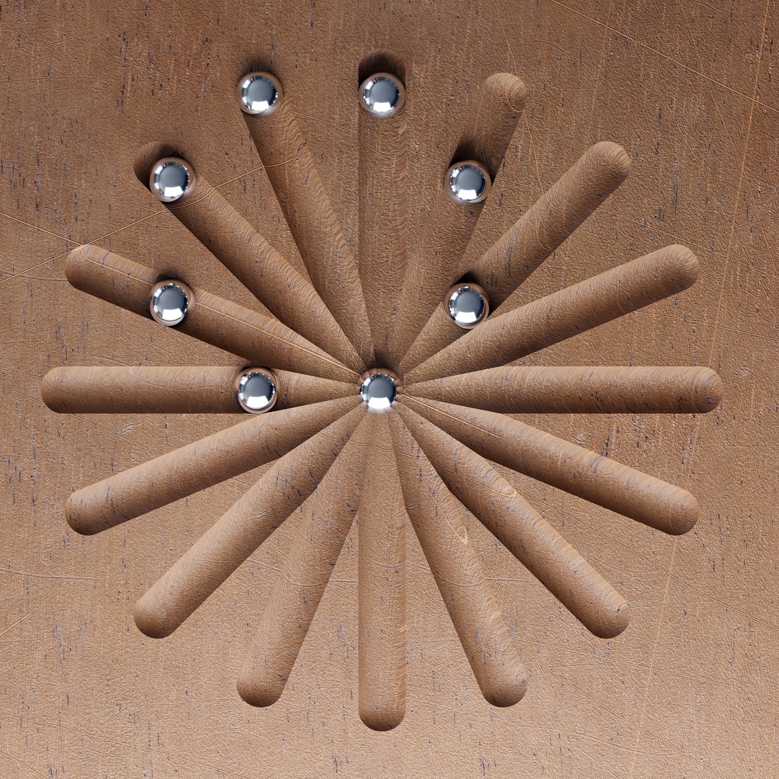 3D render of metal balls roll along wooden pattern. 