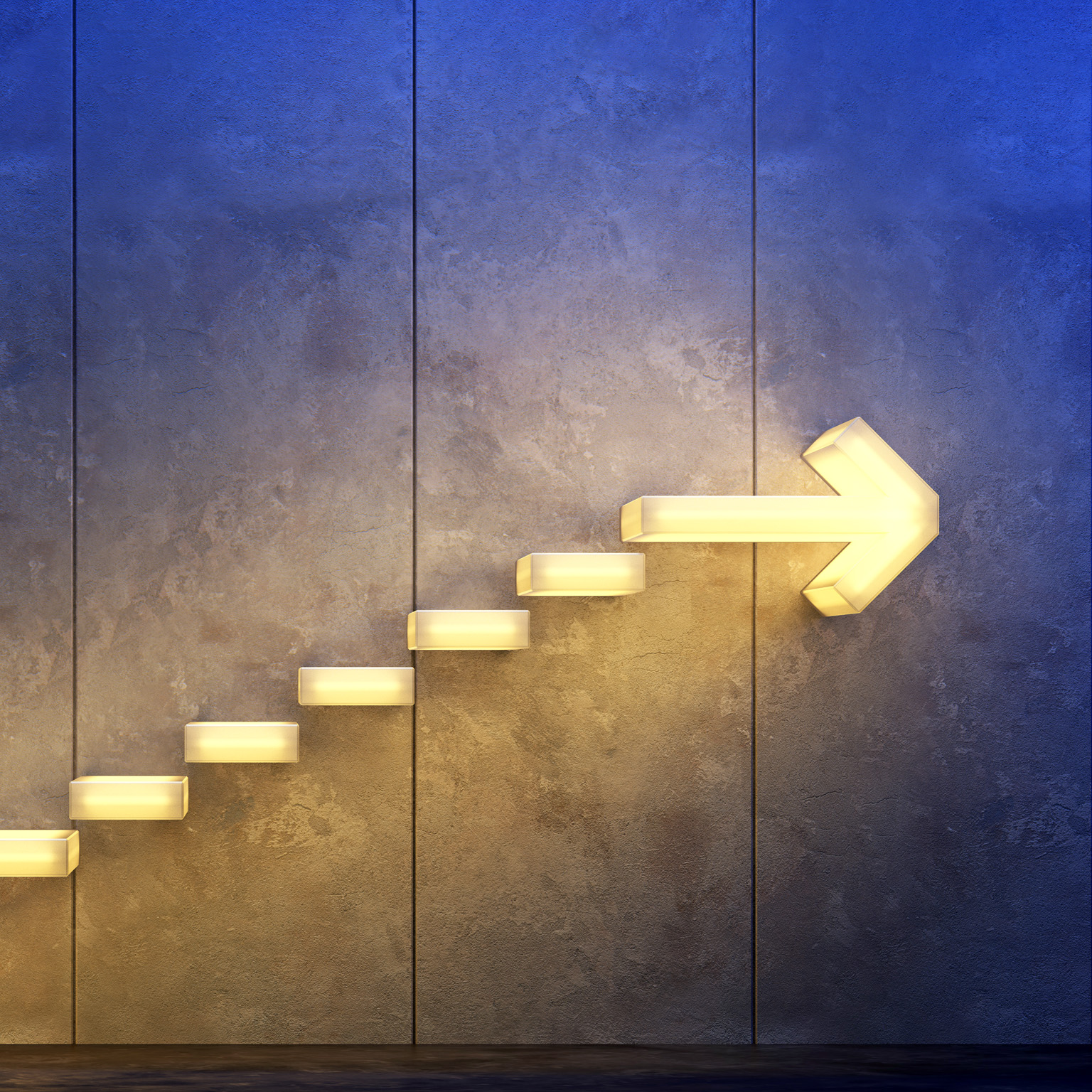 A series of glowing, rectangular stairs arranged in the form of an arrow on a rough concrete surface. The arrow directs upward, indicating progress and accomplishment.