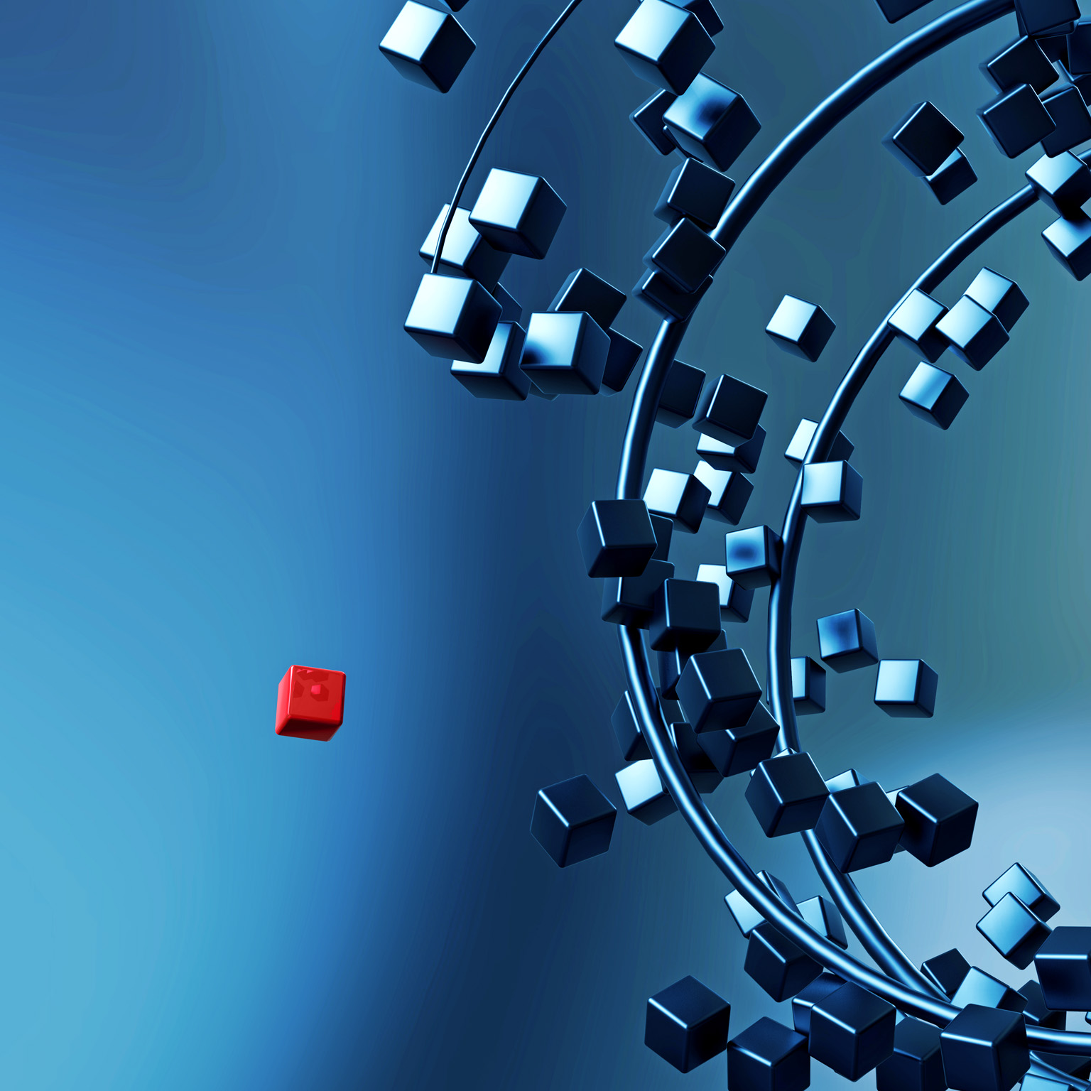Numerous small blue cubes swirl in curved, ring-like paths, forming a dynamic, abstract structure against a gradient background. A single red cube breaks away from the others.