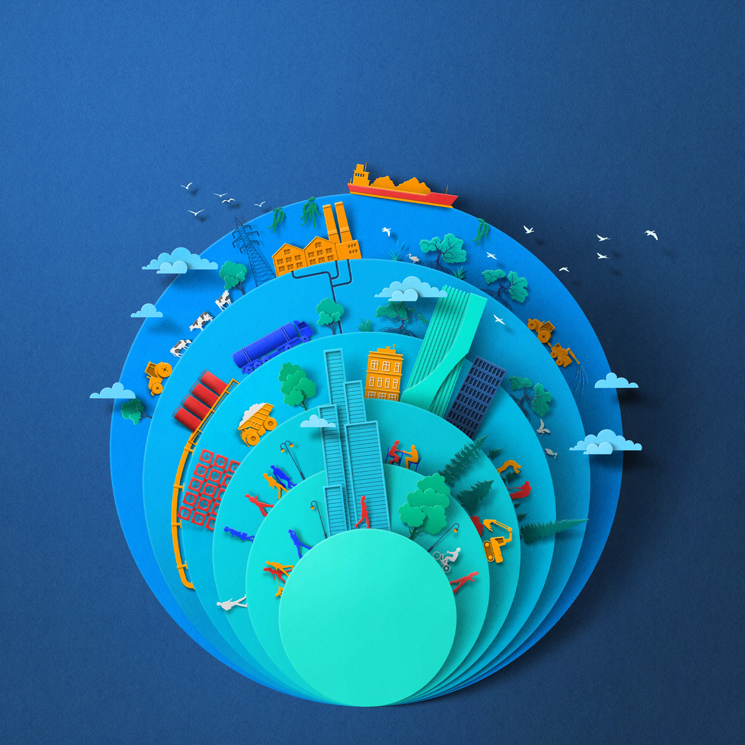 Six circles of increasing sizes layered over one another in a paper cut out style. Each circle has a mix of carbon removal solutions represented on it including direct air capture fans, biomass carbon remediation trucks and factory storage, biochar tractor, mangroves, kelp buoys, and forest restoration. Business people walk around buildings are also interspersed though the scenes and friendly clouds float by. 