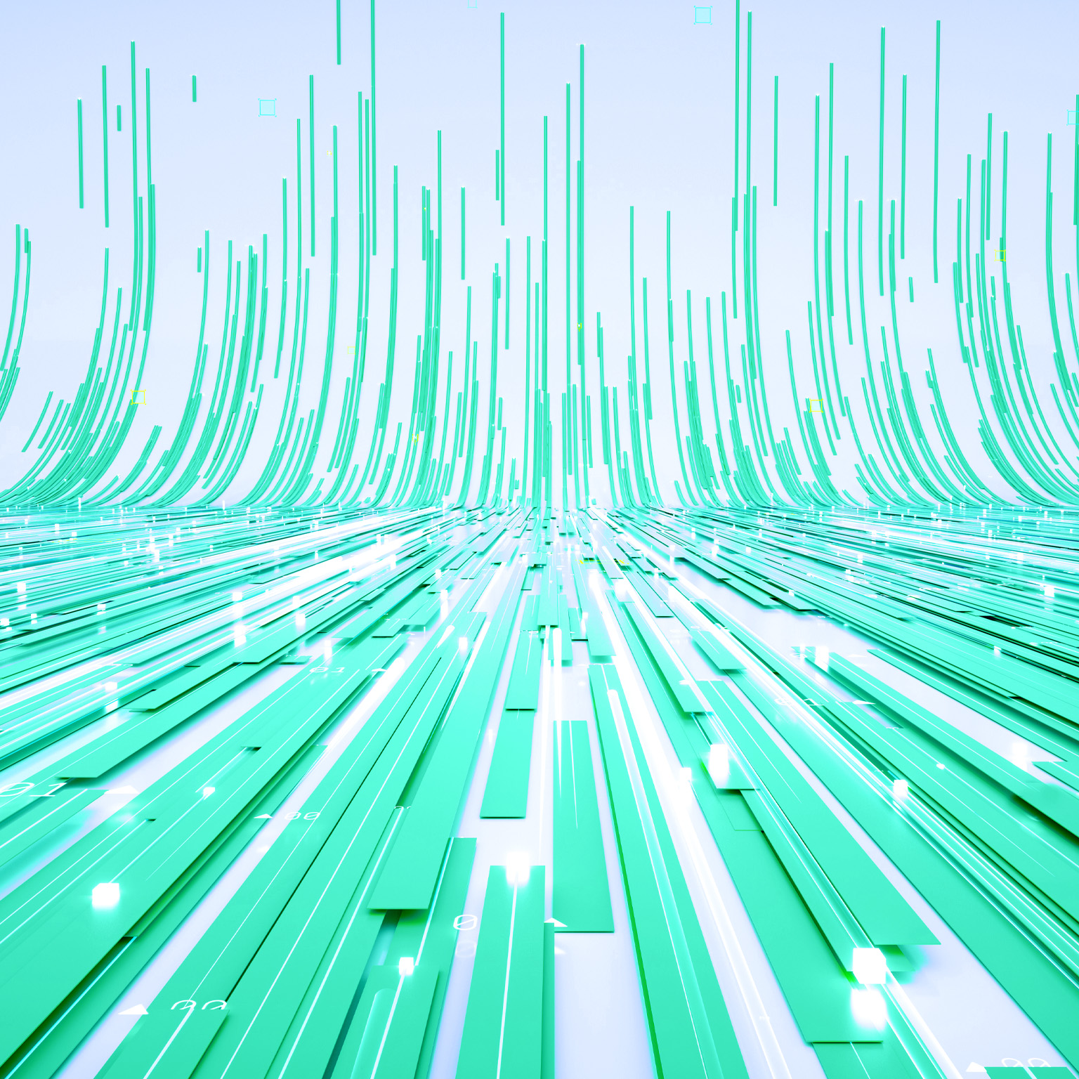 Abstract aqua green lines and rectangular shapes flow across a surface and curve upward into the distance.