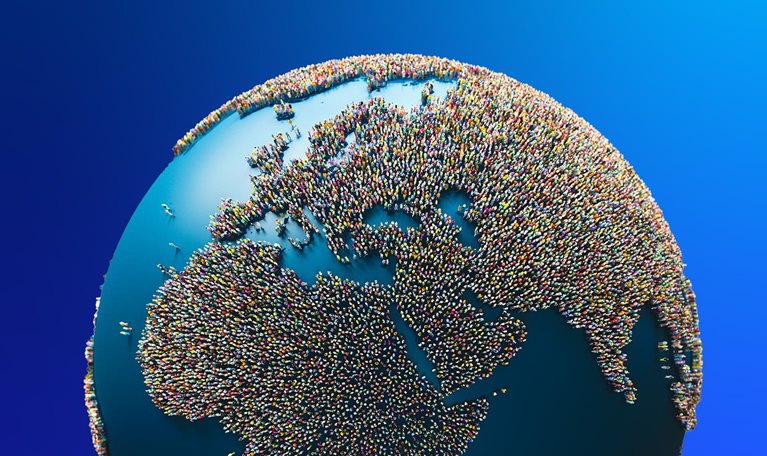 3-D globe with people people scattered around, forming the land.