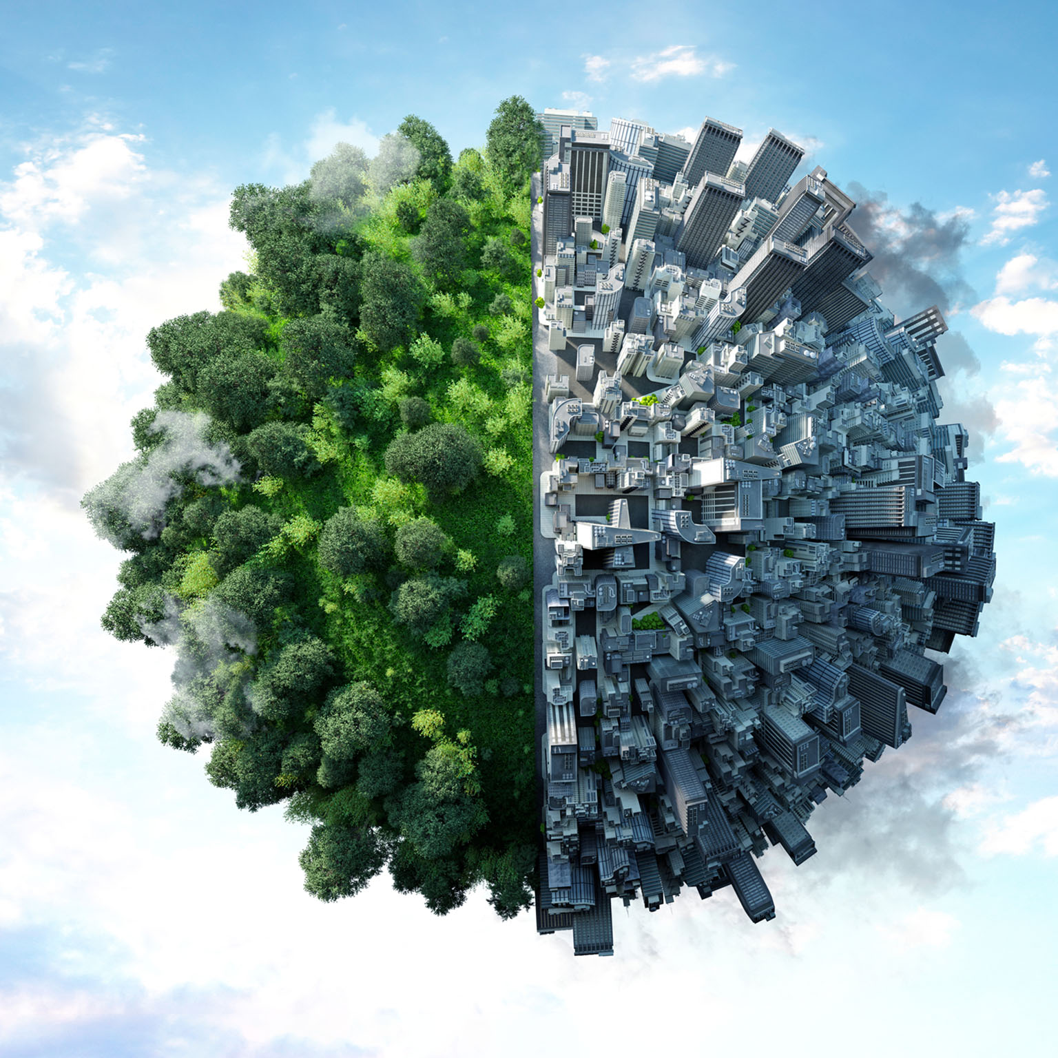 A digitally generated image showcases a planet with two semi-spheres connected, where the left side is adorned with lush trees while the right side is a bustling urban landscape dominated by towering buildings.