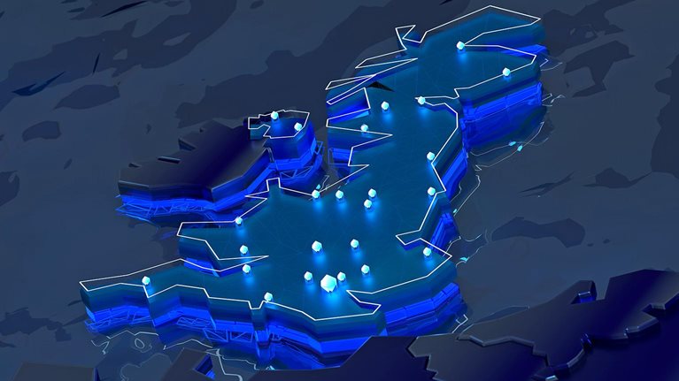 3d image of a stylized UK map with a glowing blue outline.