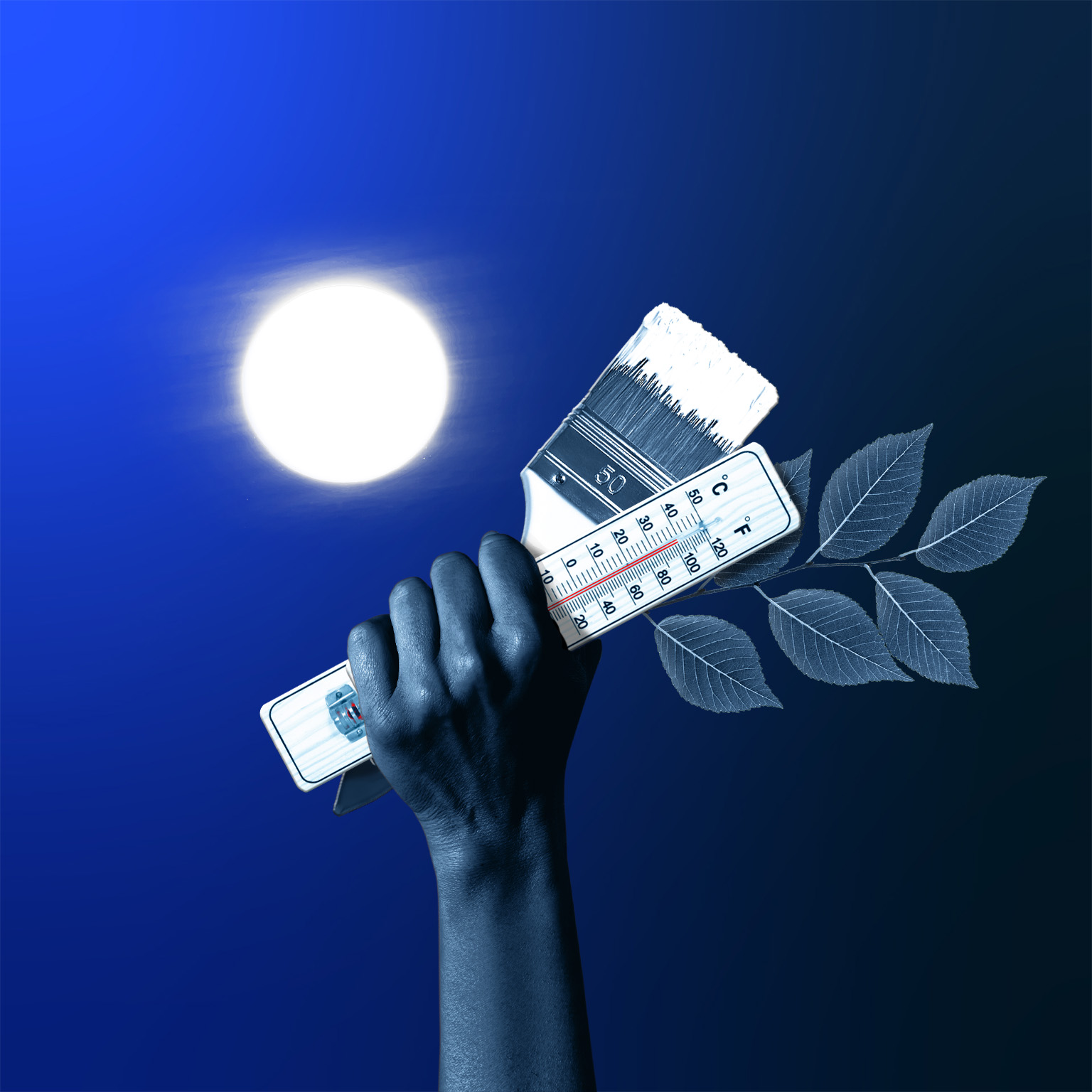 A raised hand grasping a thermometer showing a very high temperature, some leaves, and a paintbrush with white paint that has been dipped in white paint, with a bright sun in the background.