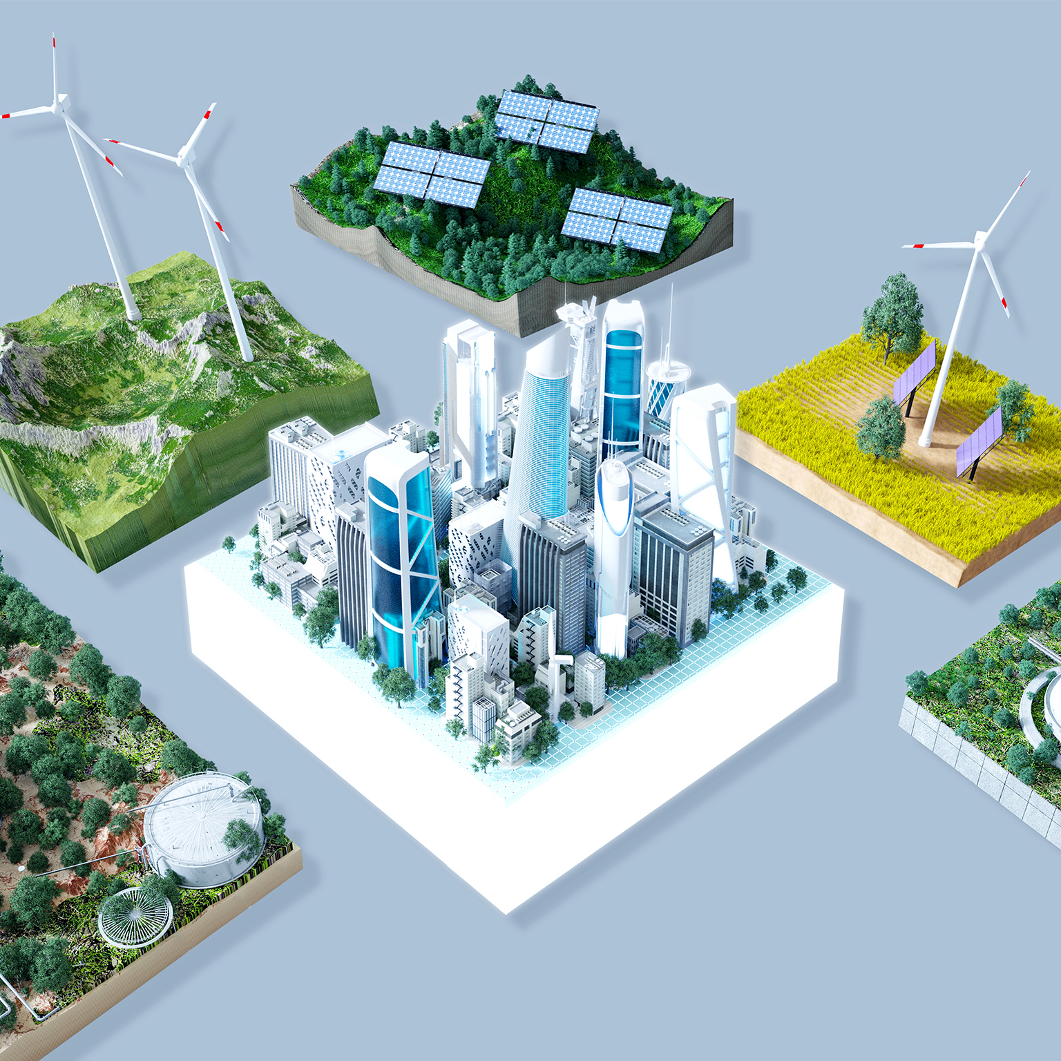 Digital image of a futuristic sustainable city on a cube of land floating over a solid field of light blue. Multiple cubes of land with alternative energy sources float nearby. The alternative energies include, solar, wind turbines, nuclear, and hydrogen.