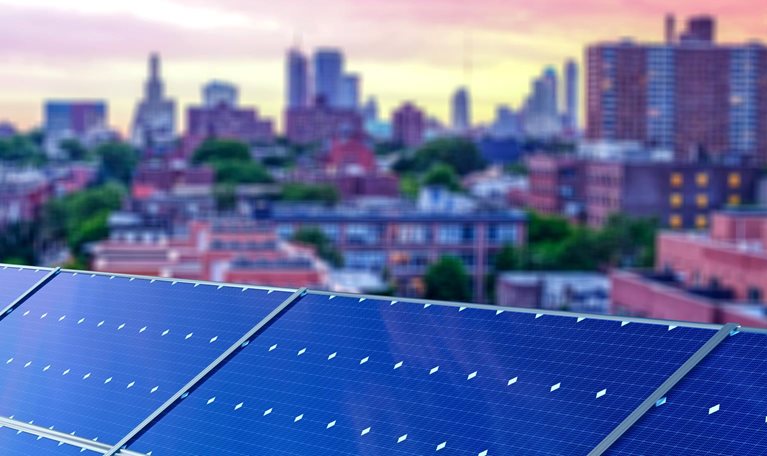 Solar panels in New York City - stock photo