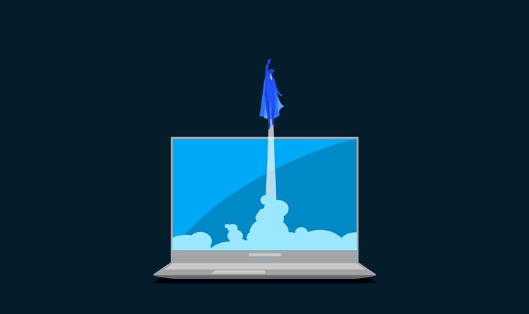 A flat-style digital illustration shows a blue caped superhero figure with one fist raised, launching upward out of an open gray laptop and leaving a light cyan vapor trail behind. The laptop screen shows a blue expanse in the background, with the superhero figure's launch cloud and trail rising off the screen in the foreground.