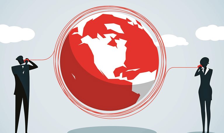 Two silhouetted businesspeople talk through a tin-can-telephone connection running across a red globe, symbolizing global communication."