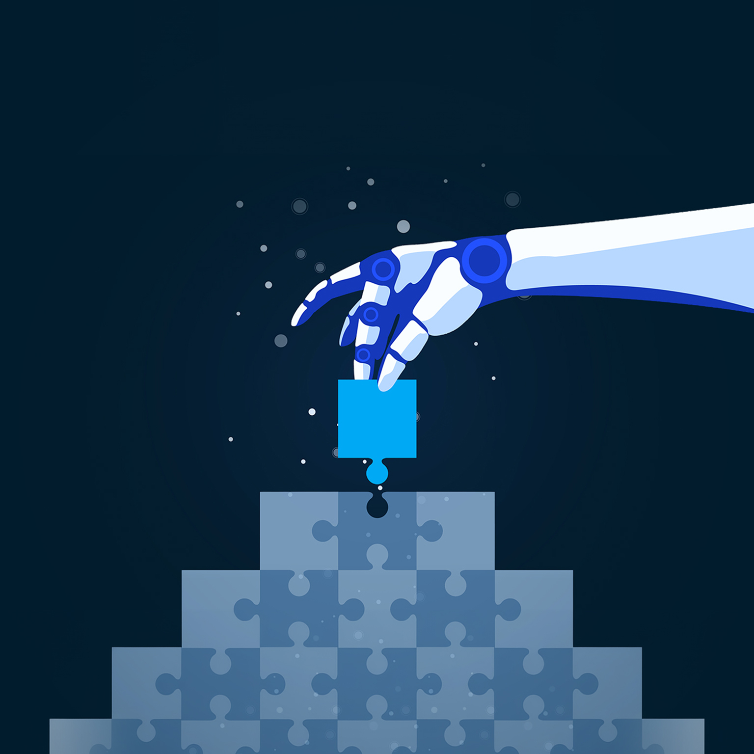A flat-style digital illustration shows a white and blue robotic humanoid hand reaching down to place a bright cyan puzzle piece into a gap at the top of a pyramid of gray-blue puzzle pieces. Small dots and circles float around the hand, all set against a deep blue background.