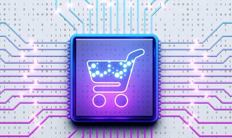A glowing neon shopping cart icon embedded in the center of a microchip, with luminous circuit lines radiating outward in blue and purple tones.