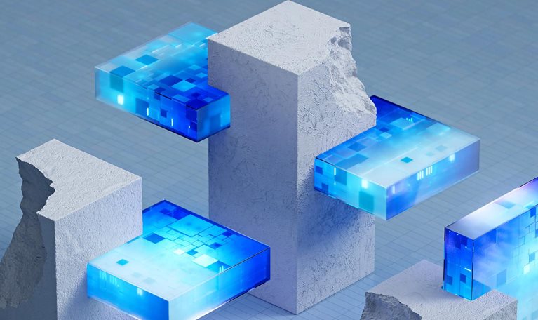 Abstract 3D scene of glowing blue digital blocks embedded in rough white stone structures on a grid-like surface.