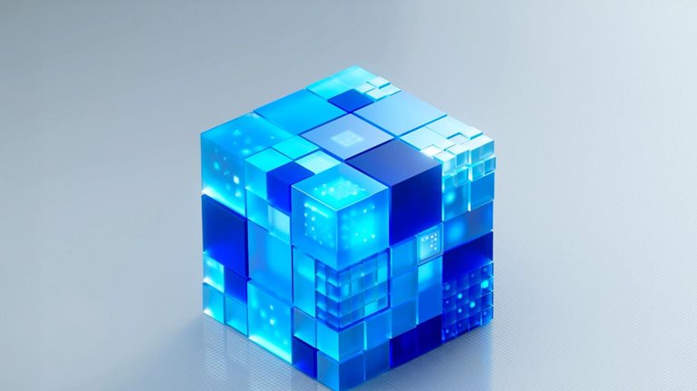 A digitally generated animation of small futuristic, translucent glass cubes coming together to from a larger cube which sits on a clean, light background, giving it a sleek, high-tech and abstract feel.