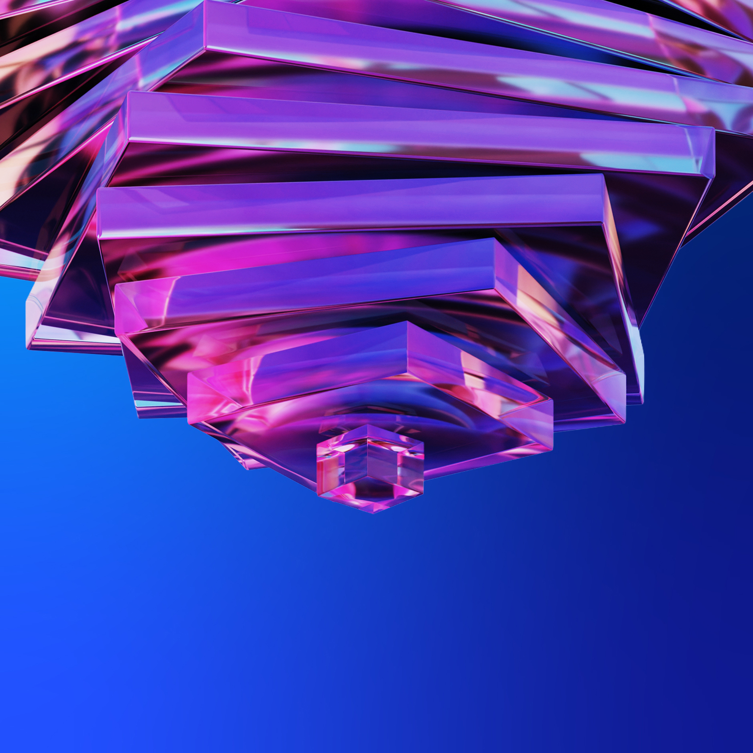 Abstract iridescent glass forms emerge from the bottom, gradually increasing in scale and spiraling upward, creating a sense of growth, fluidity, and momentum.