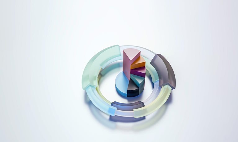 The pie chart features vibrant slices that rise in height, giving it a layered appearance. Transparent, circular shapes encircle the chart, which sits on a white backdrop with subtle shadows.